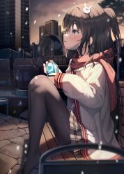 Rule 34 | 1girl, black hair, black pantyhose, blue eyes, blush, bottle, brown skirt, building, cloud, cloudy sky, commentary request, hair between eyes, hair ornament, highres, holding, holding bottle, jacket, knees up, long hair, long sleeves, looking away, mannack, no shoes, open clothes, open jacket, original, outdoors, pantyhose, parted lips, plaid, plaid skirt, pleated skirt, ponytail, puffy long sleeves, puffy sleeves, rabbit hair ornament, red scarf, scarf, skirt, sky, sleeves past wrists, snowing, solo, sunset, thighband pantyhose, very long hair, white jacket