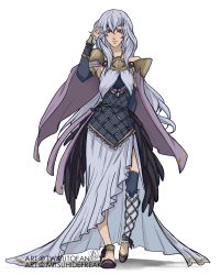 Rule 34 | 1girl, blue eyes, cape, deirdre (fire emblem), dress, fire emblem, fire emblem: genealogy of the holy war, full body, highres, long hair, looking at viewer, nintendo, smile, solo, thighhighs, white hair