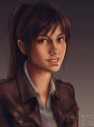 Rule 34 | 1girl, brown eyes, brown hair, female focus, gradient background, jacket, looking at viewer, photorealistic, ponytail, portrait, realistic, sasha blouse, seal (animal), shingeki no kyojin, signature, simple background, smile, solo, teeth, trixia, upper body
