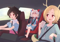 Rule 34 | 3girls, :d, anger vein, angry, animal ears, antlers, bandana, barefoot, blonde hair, blush, breasts, brown hair, car interior, car seat, child safety seat, collarbone, commentary request, cup, curled horns, dragon girl, dragon horns, dragon tail, driving, earrings, eyelashes, flat chest, frustrated, goat horns, highres, holding, holding cup, horizontal pupils, horns, horse ears, horse girl, jewelry, kanpa (campagne 9), kicchou yachie, kurokoma saki, long hair, long sleeves, looking afar, looking at another, medium breasts, medium hair, multiple girls, off-shoulder shirt, off shoulder, open mouth, pointy ears, ponytail, puffy short sleeves, puffy sleeves, red eyes, seat, seatbelt, sharp teeth, shirt, short hair, short sleeves, sidelocks, silver hair, sitting, smile, steering wheel, tail, teeth, touhou, toutetsu yuuma, white bandana, wide sleeves, window