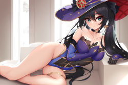 Rule 34 | 1girl, aqua eyes, arm support, backlighting, bare legs, bare shoulders, black choker, black gloves, black hair, blue leotard, breasts, center opening, choker, closed mouth, collarbone, detached sleeves, earrings, eyelashes, genshin impact, gloves, hair between eyes, hand on own chest, hat, highres, indoors, jewelry, large breasts, leotard, long hair, long sleeves, looking at viewer, mona (genshin impact), nekoda (maoda), purple hat, shirt, single earring, sleeveless, sleeveless shirt, solo, thigh strap, twintails, very long hair, witch hat