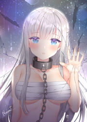 Rule 34 | 1girl, bare shoulders, blue eyes, breasts, budget sarashi, chain, chain leash, chain, chest sarashi, cleavage, collar, collarbone, glass, large breasts, leash, long hair, looking at viewer, naomi (fantasia), original, parted lips, sarashi, shatter, silver hair, slave, solo, upper body