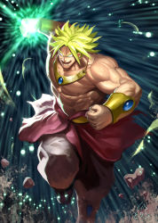 Rule 34 | 1boy, blonde hair, bracer, broly (dragon ball z), clenched hand, dragon ball, glowing, glowing hand, highres, jewelry, jintetsu, legendary super saiyan, looking at viewer, male focus, muscular, no pupils, open mouth, pebble, solo, spiked hair, standing, standing on one leg, super saiyan