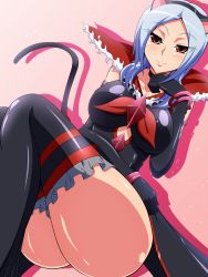 Rule 34 | 00s, 1girl, animal ears, aokura shou, black neckwear, black thighhighs, blue hair, breasts, cat ears, cat tail, eas (fresh precure!), elbow gloves, fresh precure!, gloves, higashi setsuna, highres, looking at viewer, naughty face, pink background, precure, raised eyebrows, red eyes, short hair, smile, solo, tail, thighhighs, thighs