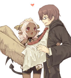 Rule 34 | 1boy, 1girl, 7010, beard, bike shorts, blush, brown hair, carrying, child, coat, collar, dark skin, demon girl, dress shirt, facial hair, fang, glasses, heart, horns, necktie, open mouth, original, pink hair, pointy ears, princess carry, red eyes, role reversal, shirt, short shorts, shorts, simple background, smile, tail, white background