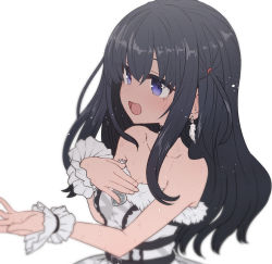 Rule 34 | 1girl, :d, bare shoulders, belt, black belt, black hair, blush, breasts, cleavage, dress, earrings, feather earrings, feathers, hand on own chest, idol, idoly pride, jewelry, kasukabe tsumugi, long hair, nagase mana, open mouth, purple eyes, simple background, smile, solo, strapless, strapless dress, sumiyao (amam), two side up, upper body, white background, white dress, wristband, yuri sakazaki