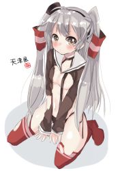 Rule 34 | 10s, 1girl, amatsukaze (kancolle), black panties, blush, breasts, brown eyes, dress, frown, full body, garter straps, hair tubes, highres, kantai collection, long hair, long sleeves, looking at viewer, ma-a, no bra, panties, sailor dress, shirt, short dress, side-tie panties, silver hair, simple background, sitting, sketch, small breasts, solo, striped clothes, striped thighhighs, thighhighs, torn clothes, torn shirt, torn thighhighs, two side up, underwear, v arms, wariza, white background