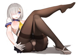 Rule 34 | 10s, 1girl, ass, ass grab, bad id, bad pixiv id, belt, between breasts, black pantyhose, blue eyes, blush, breasts, covered erect nipples, crossed legs, crotch seam, deep skin, from below, full body, gloves, grabbing own ass, grey footwear, grey hair, hair ornament, hair over one eye, hairclip, hamakaze (kancolle), highres, kantai collection, lace, lace-trimmed panties, lace trim, leaning back, looking away, miniskirt, nero (nilu), nipples, no shoes, open mouth, pale skin, panties, panties under pantyhose, pantyhose, pleated skirt, school uniform, see-through, serafuku, shadow, shoes, short hair, short sleeves, simple background, single shoe, sitting, skirt, solo, thigh gap, thighband pantyhose, underwear, white gloves, white panties