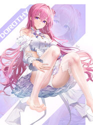 Rule 34 | 1girl, a-by, absurdres, bare shoulders, blush, breasts, character name, closed mouth, detached sleeves, dorothy (nikke), dress, frilled dress, frills, goddess of victory: nikke, hair bun, highres, large breasts, long hair, no shoes, open mouth, panties, pantyshot, pink hair, purple eyes, ribbon, single side bun, skirt, soles, solo, thighhighs, thighs, underwear, very long hair, white panties, zoom layer