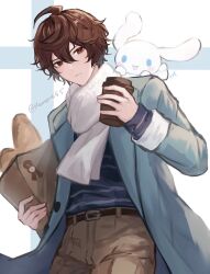 Rule 34 | 2boys, ahoge, alternate costume, animal, animal on shoulder, bag, baguette, belt, blue background, blue coat, blue shirt, bread, brown eyes, brown hair, brown pants, cinnamoroll, coat, cowboy shot, cup, disposable cup, food, frown, granblue fantasy, highres, holding, holding bag, holding cup, long sleeves, looking at viewer, male focus, messy hair, momeme55, multiple boys, pants, sandalphon (granblue fantasy), sanrio, scarf, shirt, shopping bag, short hair, simple background, striped clothes, striped shirt, twitter username, two-tone background, white background, white scarf