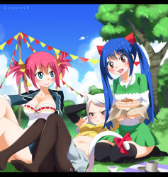 Rule 34 | 3girls, alternate form, black legwear, blue hair, charle (fairy tail), fairy tail, gaston18, highres, multiple girls, no shoes, pantyhose, sheria blendy, thighhighs, wendy marvell, white hair