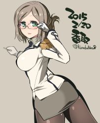 Rule 34 | 10s, 1girl, bad id, bad pixiv id, blush, breasts, brown hair, brown pantyhose, female focus, folded ponytail, glasses, green eyes, highres, kantai collection, katori (kancolle), kuro chairo no neko, large breasts, looking back, military, military uniform, miniskirt, open mouth, pantyhose, short hair, skirt, smile, solo, uniform