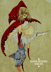 Rule 34 | 1girl, apron, big bad wolf, blonde hair, boots, brown eyes, cape, gloves, grimm&#039;s fairy tales, highres, hood, knife, little red riding hood, little red riding hood (grimm), red cape, red footwear, red gloves, sakura (superbunnys), severed head, shoes, solo