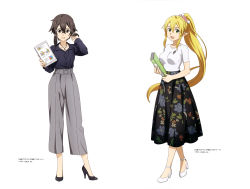Rule 34 | 2girls, :d, absurdres, asada shino, black shirt, black skirt, blonde hair, bow, braid, breasts, brown eyes, brown hair, collarbone, dress shirt, floating hair, floral print, flower, full body, glasses, green eyes, grey pants, hair between eyes, hair bow, hair flower, hair ornament, high heels, highres, holding, jewelry, large breasts, leafa, long hair, long skirt, looking at viewer, multiple girls, necklace, official art, open mouth, pants, pink flower, pointy ears, print skirt, shirt, short hair with long locks, short sleeves, sidelocks, simple background, skirt, smile, standing, sword art online, twin braids, very long hair, white background, white bow, white footwear, white shirt