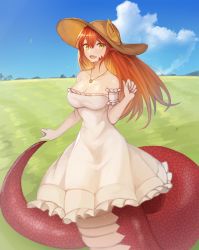 Rule 34 | 1girl, :d, bare shoulders, blue sky, breasts, cleavage, cloud, collarbone, commission, day, dress, fang, hair between eyes, hat, hat ornament, highres, jewelry, lamia, large breasts, long hair, looking at viewer, miia (monster musume), monster girl, monster musume no iru nichijou, nature, open mouth, outdoors, pendant, pointy ears, red hair, scales, sky, smile, solo, sookmo, strapless, strapless dress, sun hat, white dress, wind, yellow eyes