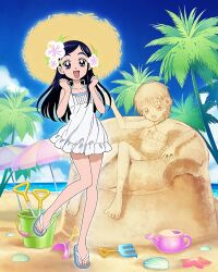 Rule 34 | 1girl, beach, black hair, blue eyes, clenched hands, dress, futari wa precure, hat, highres, long hair, misumi nagisa, official art, open mouth, palm tree, precure, precure connection puzzlun, sand, sand sculpture, sandals, smile, solo, straw hat, sundress, swept bangs, third-party source, tree, white dress, yukishiro honoka