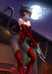 Rule 34 | 1girl, adsouto, animal ear fluff, animal ears, bare shoulders, black hair, black pantyhose, boots, breasts, cat ears, cat tail, cleavage, detached collar, elbow gloves, gloves, glowing, gun, hair between eyes, highres, kali belladonna, kittysuit, leotard, looking at viewer, mature female, medium breasts, nontraditional playboy bunny, outdoors, pantyhose, red footwear, red gloves, red leotard, rwby, short hair, sky, smile, smoke, solo, standing, star (sky), starry sky, tail, thigh boots, thighhighs, weapon, yellow eyes
