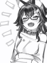 1girl, :d, animal ears, bare shoulders, belt collar, blush, collar, crossed arms, glasses, greyscale, highres, hololive, laughing, long hair, long sleeves, monochrome, nanashi (nlo), notice lines, off-shoulder sweater, off shoulder, ookami mio, open mouth, ponytail, semi-rimless eyewear, smile, solo, sweater, tears, under-rim eyewear, upper body, wolf ears