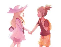 Rule 34 | 1boy, 1girl, bad id, bad pixiv id, bag, black shirt, blonde hair, closed eyes, creatures (company), dress, eye contact, floral print, game freak, green eyes, green hair, happy, hat, hau (pokemon), holding hands, lillie (pokemon), long hair, looking at another, mei (maysroom), nintendo, open mouth, pokemon, pokemon sm, shirt, short ponytail, shorts, shoulder bag, sun hat, teeth, upper teeth only, white background, white dress, yellow bag, yellow shorts