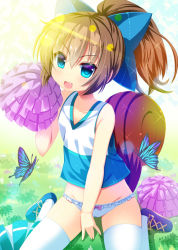 Rule 34 | &gt;:d, 1girl, :d, aqua skirt, between legs, blue bow, blue eyes, blush, bow, bow panties, brown hair, bug, butterfly, cheerleader, collarbone, fang, flat chest, grass, hair between eyes, hair bow, hand between legs, hand up, insect, light rays, long hair, looking at viewer, moe2017, no pants, open mouth, original, outdoors, panties, pleated skirt, pom pom (cheerleading), ponytail, regress, shoes, sidelocks, sitting, skirt, unworn skirt, smile, sneakers, solo, sparkle, squirrel tail, sunbeam, sunlight, tail, thighhighs, underwear, v-shaped eyebrows, white panties, white thighhighs