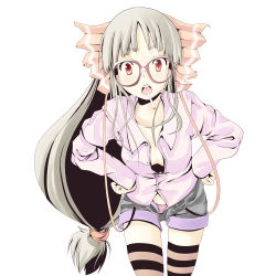 Rule 34 | 1girl, bad id, bad pixiv id, bespectacled, cigarette, colorized, contemporary, cosplay, female focus, fujiwara no mokou, fujiwara no mokou (cosplay), glasses, grey hair, hands on own hips, highres, houraisan kaguya, jimi, leaning forward, long hair, panties, red eyes, shorts, simple background, solo, striped clothes, striped thighhighs, thighhighs, touhou, underwear, unzipped, yae (mono110)