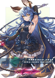 Rule 34 | 1girl, animal ears, arm up, armpits, backless dress, backless outfit, bare shoulders, black dress, black gloves, black thighhighs, blue hair, breasts, commission, curry bowl, dress, earrings, elbow gloves, erune, ferry (granblue fantasy), frilled dress, frills, gloves, granblue fantasy, highres, holding, holding whip, hoop earrings, jewelry, long hair, looking at viewer, sideboob, sideless outfit, single earring, sleeveless, sleeveless dress, smile, solo, thighhighs, wavy hair, whip, yellow eyes, zettai ryouiki