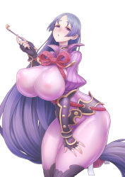 Rule 34 | 1girl, absurdres, bai linqin, blush, bodysuit, breasts, covered erect nipples, fate/grand order, fate (series), fingerless gloves, gloves, highres, huge breasts, kneeling, long hair, looking at viewer, minamoto no raikou (fate), motherly, parted bangs, purple bodysuit, purple eyes, purple hair, ribbed sleeves, rope, smoking pipe, solo, tabard, thighs, very long hair