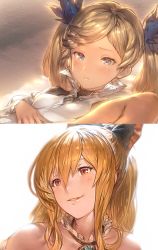 Rule 34 | 10s, 2girls, aos, blonde hair, blush, granblue fantasy, hair ribbon, io (granblue fantasy), long hair, looking at viewer, looking away, multiple girls, parted lips, ribbon, smile, twintails, vira (granblue fantasy)