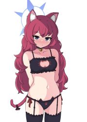 Rule 34 | 1girl, absurdres, animal ear fluff, animal ears, bell, black bra, blue archive, bra, cat cutout, cat ear panties, cat ears, cat girl, cat lingerie, cat tail, choker, cleavage cutout, clothing cutout, collarbone, frilled bra, frills, grey eyes, highres, hrna, iroha (blue archive), lingerie, long hair, meme attire, neck bell, panties, paw print, red hair, solo, tail, thighhighs, underwear, wavy hair