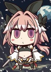 Rule 34 | 1boy, april fools, astolfo (fate), astolfo (saber) (fate), black bow, black legwear, blush stickers, bow, chibi, detached sleeves, fate/grand order, fate (series), hair bow, hair intakes, highres, holding, holding sword, holding weapon, long hair, looking at viewer, male focus, midriff, navel, official art, pink eyes, pink hair, riyo (lyomsnpmp), sleeves past wrists, solo, sword, trap, weapon