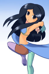 Rule 34 | 1girl, bikini, black hair, blue background, blue bikini, breasts, brown eyes, colored skin, dancer, drantyno, gradient background, grey eyes, harem outfit, heterochromia, long hair, looking at viewer, looking back, multicolored skin, pelvic curtain, small breasts, smile, standing, standing on one leg, stitches, swimsuit, zombie