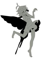 Rule 34 | 1girl, antennae, bad anatomy, barefoot, black sclera, butterfly wings, colored sclera, dress, eternity larva, fairy, full body, gretia, greyscale, insect wings, leaf, leaf on head, monochrome, short hair, short sleeves, simple background, single strap, solo, touhou, white background, wings