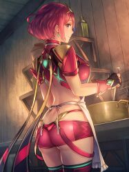 Rule 34 | 1girl, anbe yoshirou, ass, ass focus, breasts, cooking, cooking pot, gloves, headpiece, highres, jewelry, kitchen, large breasts, looking at viewer, pyra (xenoblade), red eyes, red hair, short hair, short shorts, shorts, smile, swept bangs, thighs, tiara, xenoblade chronicles (series), xenoblade chronicles 2