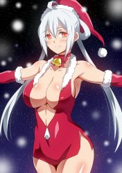 Rule 34 | 1girl, ahoge, bare shoulders, bell, neck bell, blush, breasts, choker, cowboy shot, dress, elbow gloves, gloves, hair between eyes, hara (harayutaka), hat, highres, large breasts, long hair, looking at viewer, matoi (pso2), outstretched arms, phantasy star, phantasy star online 2, red dress, red eyes, santa hat, short dress, silver hair, skin tight, smile, snowing, solo, twintails, zipper
