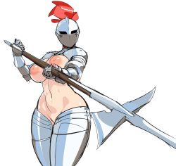 Rule 34 | 1girl, armor, breasts, female knight, highres, knight, navel, nipples, polearm, pussy, reverse outfit, tagme, weapon