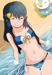 Rule 34 | 1girl, 1other, bad id, bad pixiv id, bikini, black vest, blue bikini, blue hair, blurry, breasts, commentary request, cowboy shot, creatures (company), dawn (pokemon), depth of field, closed eyes, front-tie top, game freak, gen 4 pokemon, hair ornament, hairclip, highres, idafkun, long hair, mimic yous, mixed-language commentary, nintendo, piplup, pokemon, pokemon (anime), pokemon (creature), pokemon dppt (anime), sand, small breasts, smile, swimsuit, vest, waves