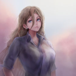 Rule 34 | 1girl, alternate costume, blonde hair, blue eyes, blush, breasts, grey shirt, hair between eyes, haruto (harut n), kantai collection, large breasts, long hair, looking at viewer, mole, mole under eye, mole under mouth, richelieu (kancolle), shirt, short sleeves, solo