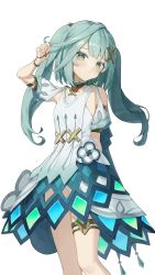 Rule 34 | 1girl, absurdres, aqua hair, arm behind back, arm up, bare shoulders, blush, closed mouth, clothing cutout, dot nose, dress, faruzan (genshin impact), genshin impact, green eyes, green hair, hair ornament, head tilt, highres, holding, holding own hair, jewelry, looking at viewer, neck ring, panties, pellas (panix2383), short sleeves, shoulder cutout, simple background, skirt cutout, solo, standing, symbol-shaped pupils, thighlet, thighs, triangle-shaped pupils, twintails, underwear, white background, white dress, white panties, x hair ornament