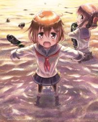 Rule 34 | 10s, 2girls, abyssal ship, brown eyes, brown hair, crying, crying with eyes open, fang, folded ponytail, hair ornament, hairclip, i-class destroyer, ikazuchi (kancolle), inazuma (kancolle), kantai collection, long hair, looking at viewer, misoinu, multiple girls, open mouth, pantyhose, partially submerged, personification, school uniform, serafuku, short hair, skirt, tears, tooi aoiro