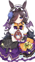 Rule 34 | 1girl, absurdres, animal ears, bat wings, black hair, blue flower, blue rose, bow, brooch, character doll, closed mouth, commentary request, dress, dress bow, flower, frilled hairband, frills, hair ornament, hairband, highres, horse ears, hugging doll, hugging object, jewelry, long hair, looking at viewer, mihono bourbon (umamusume), multicolored eyes, official alternate costume, puffy short sleeves, puffy sleeves, rice shower (make up vampire!) (umamusume), rice shower (umamusume), rose, short sleeves, simple background, solo, sparkle, umamusume, white background, wings, yuzukiyuno (yunmu g)