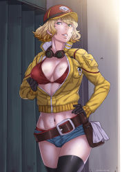 Rule 34 | 10s, 1girl, baseball cap, belt, bikini, bikini under clothes, black gloves, black thighhighs, blonde hair, breasts, cidney aurum, cleavage, cropped jacket, dirty, dirty face, final fantasy, final fantasy xv, gloves, goggles, goggles around neck, green eyes, hamushima, hand on own hip, hat, jacket, large breasts, lips, looking at viewer, navel, open clothes, open jacket, parted lips, pouch, red bikini, short hair, short shorts, shorts, smile, solo, standing, swimsuit, teeth, thighhighs