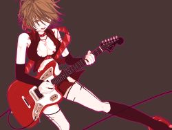 Rule 34 | 1girl, bad id, bad pixiv id, breasts, brown eyes, brown hair, cleavage, collar, guitar, instrument, jewelry, meiko (vocaloid), mi chi, mimimi, necklace, short hair, solo, vocaloid