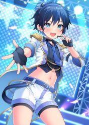 Rule 34 | 1boy, adjusting headset, aqua eyes, belt, blue necktie, child, choker, commission, epaulettes, fingerless gloves, gloves, headset, highres, idol, kabosudachin, looking at viewer, male focus, midriff, multicolored hair, navel, necktie, original, outstretched arm, shorts, skeb commission, smile, solo, stage, stage lights, star (symbol), star in eye, symbol in eye, thighs, two-tone hair