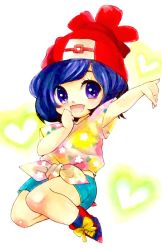 Rule 34 | 1girl, aqua shorts, arm up, beanie, blue hair, blush, bob cut, bow, clenched hand, creatures (company), female focus, flat chest, floral print, footwear bow, game freak, hand up, happy, hat, heart, heart background, light blush, looking at viewer, marker (medium), mofuo, multicolored shirt, nintendo, open mouth, outstretched arm, poke ball symbol, poke ball theme, pokemon, pokemon sm, purple eyes, red footwear, red hat, selene (pokemon), shirt, shoes, short hair, short shorts, short sleeves, shorts, simple background, smile, solo, swept bangs, tied shirt, traditional media, white background, yellow bow