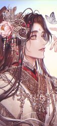 Rule 34 | black hair, bug, butterfly, chinese clothes, facial mark, flower, forehead mark, glint, hair flower, hair ornament, hanfu, highres, insect, long hair, long sleeves, looking at another, male focus, momo mmol, parted bangs, profile, sparkle, tianguan cifu, upper body, very long hair, white butterfly, wide sleeves, xie lian