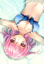 Rule 34 | 1girl, bad id, bad pixiv id, bikini, bow, breasts, cleavage, collarbone, female focus, frills, highres, large breasts, light smile, looking at viewer, looking up, lying, navel, no headwear, no headwear, on back, outstretched arms, partially submerged, pink eyes, pink hair, saigyouji yuyuko, short hair, solo, spread arms, swimsuit, touhou, tsukiriran, upper body, water