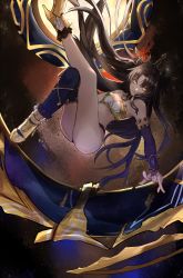 Rule 34 | 1girl, armlet, ass, asymmetrical legwear, bare arms, bare legs, bare shoulders, black collar, black hair, black panties, black ribbon, blue bridal gauntlets, blue gloves, blue thighhighs, breasts, bridal gauntlets, closed mouth, collar, crown, earrings, eisuto, elbow gloves, fate/grand order, fate (series), female focus, floating hair, full moon, gloves, glowing, glowing eyes, hair ribbon, high heels, highres, hoop earrings, ishtar (fate), jewelry, knee up, leg up, legs, long hair, looking at viewer, lots of jewelry, midriff, moon, panties, parted bangs, revealing clothes, ribbon, single bridal gauntlet, single elbow glove, single glove, single thighhigh, sketch, small breasts, smile, solo, strapless, thighhighs, thighlet, thighs, tohsaka rin, two side up, type-moon, underwear, uneven legwear, very long hair, yellow eyes, yellow high heels