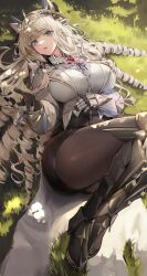 Rule 34 | 1girl, absurdres, black pantyhose, blue eyes, breasts, cape, crown (nikke), gloves, goddess of victory: nikke, highres, large breasts, lillly, long hair, looking at viewer, lying, on grass, pantyhose, pantyhose under shorts, parted lips, shirt tucked in, shorts, smile, solo, twintails, very long hair, white gloves, white hair