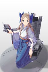 Rule 34 | 1girl, absurdres, adapted turret, asakaze (kancolle), blue bow, blue hakama, bow, cannon, forehead, from above, hakama, hakama skirt, highres, japanese clothes, kantai collection, kimono, light brown hair, looking at viewer, maki23workbox, meiji schoolgirl uniform, parted bangs, rigging, skirt, smile, smokestack, solo, torpedo, torpedo tubes, turret, wavy hair, white kimono, wide sleeves
