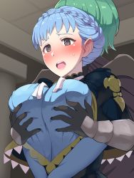 Rule 34 | 1boy, 1girl, blue hair, blush, boris (noborhys), braid, grabbing another&#039;s breast, breasts, brown eyes, byleth (fire emblem), byleth (male) (fire emblem), commentary request, crown braid, fire emblem, fire emblem: three houses, gloves, grabbing, grabbing from behind, green hair, groping, highres, large breasts, long sleeves, marianne von edmund, nintendo, open mouth, short hair, solo focus, sweatdrop, upper body